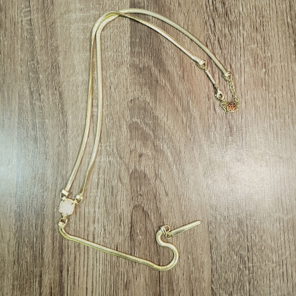 Kendra Scott Starla Necklace Gold Tone Pink White Iridescent Druzy Gem Y…